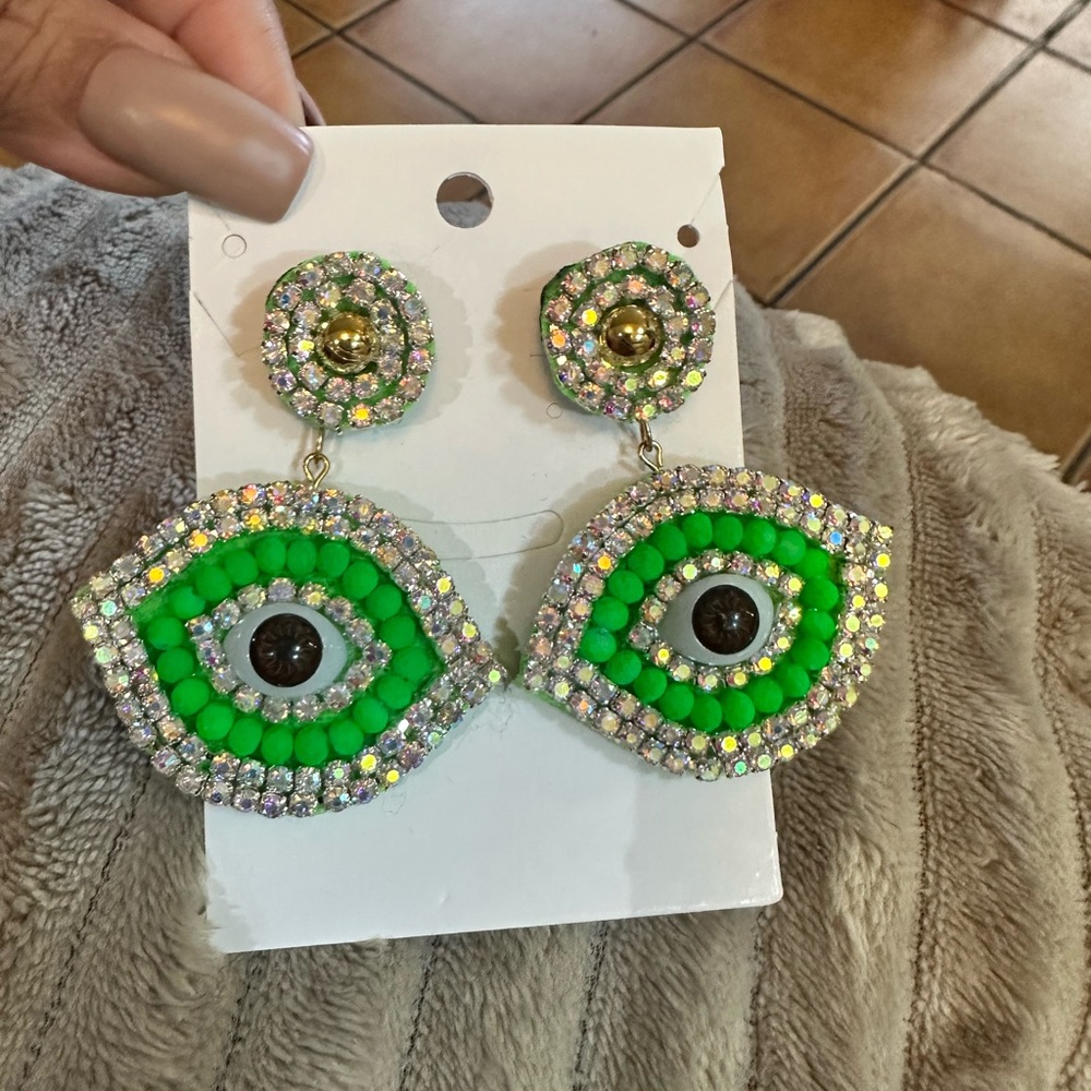 Green and Gold Evil Eye Earrings🧿